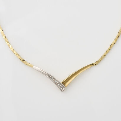 9ct Yellow Gold, V shaped, .05ct Diamond Necklace