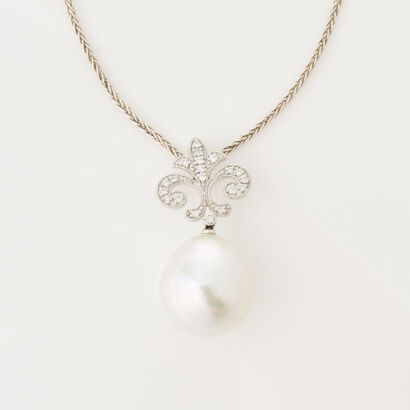 18ct White Gold, Autore, 14.8mm White South Sea Pearl and Diamond Pendant