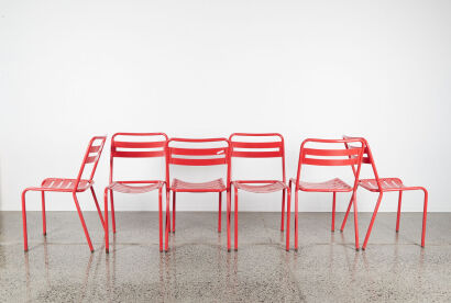 A Suit Of Six French Cafe Indoor/Outdoor Solid Metal Chairs In Red