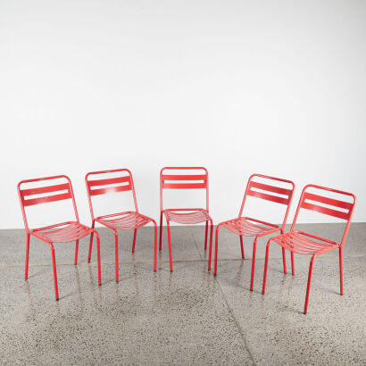 A Suit Of Five French Cafe Indoor/Outdoor Solid Metal Chairs In Red