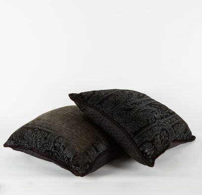 A Pair Of Large Damask Cushions Feather Filled