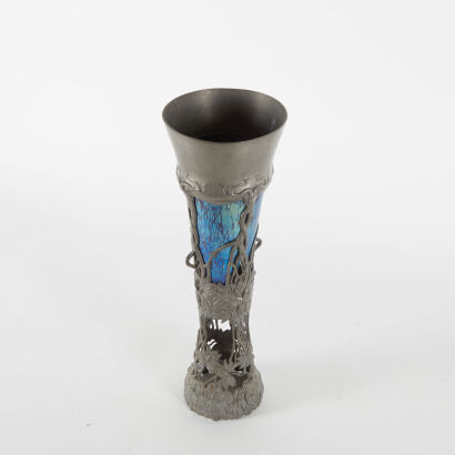 An Art Nouveau Vase In The Style Of Loetz With Pewter Case And Papillon Iridescent Glass