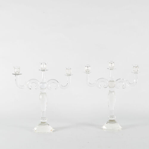 A Pair Of Three Flame Cut Glass Candelabras