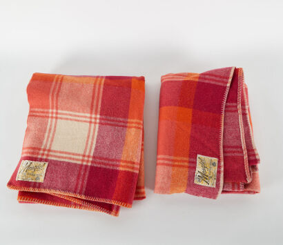 A Vintage Mosgiel Orange And Pink Wool Plaid Blankets Pair