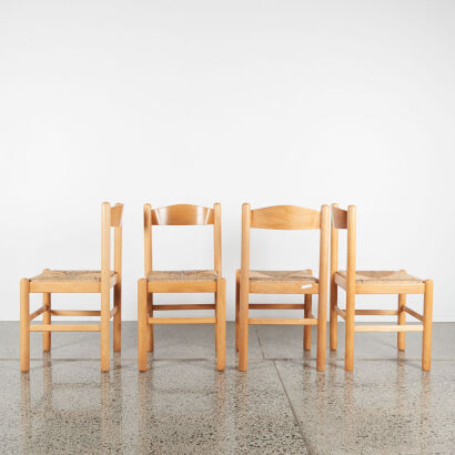 A Set Of Four Italian Beechwood Rush Seat Dining Chairs