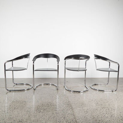 A Set Of Four 1980s Italian Black Leather And Chrome Cantilevered Chairs