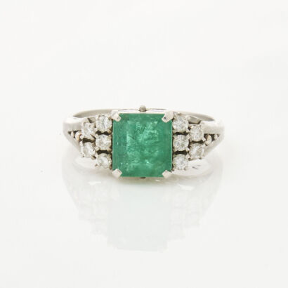 Platinum, Vintage, 1.33ct Emerald and .24ct Diamond Ring