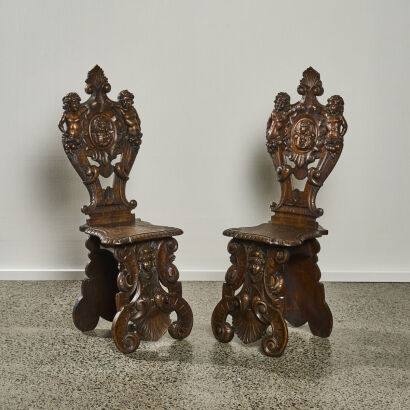 A Pair of Italian Renaissance Revival Sgabello Hall Chairs