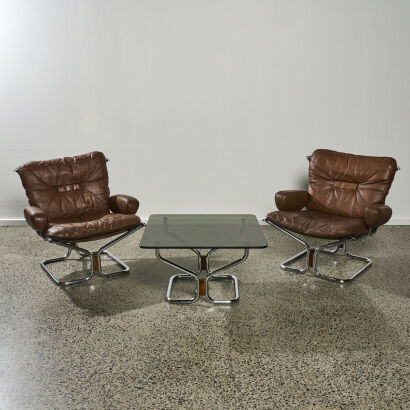 A Pair of 1960s Harald Relling Leather Armchairs and Coffee Table for Westnofa