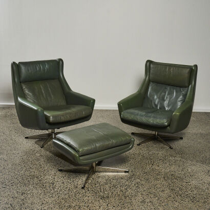 A Pair of Danish Swivel Lounge Chairs with Ottoman