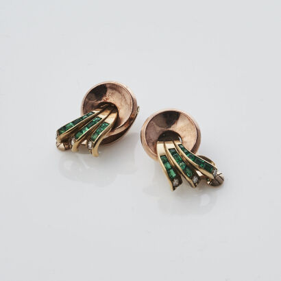 9ct Art Deco Rose Gold Emerald and Diamond Earrings