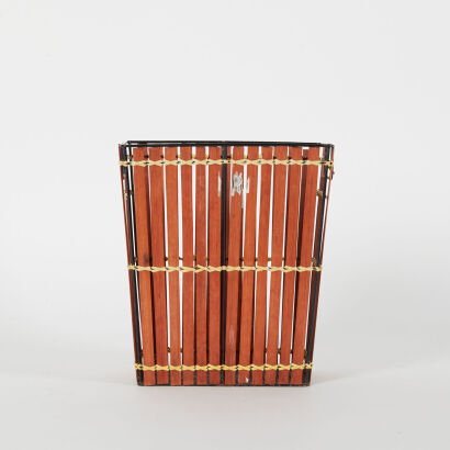 A Vintage Wire Bamboo Slat Basket