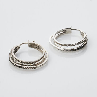 Pair of Black and White Diamond Hoop Earrings