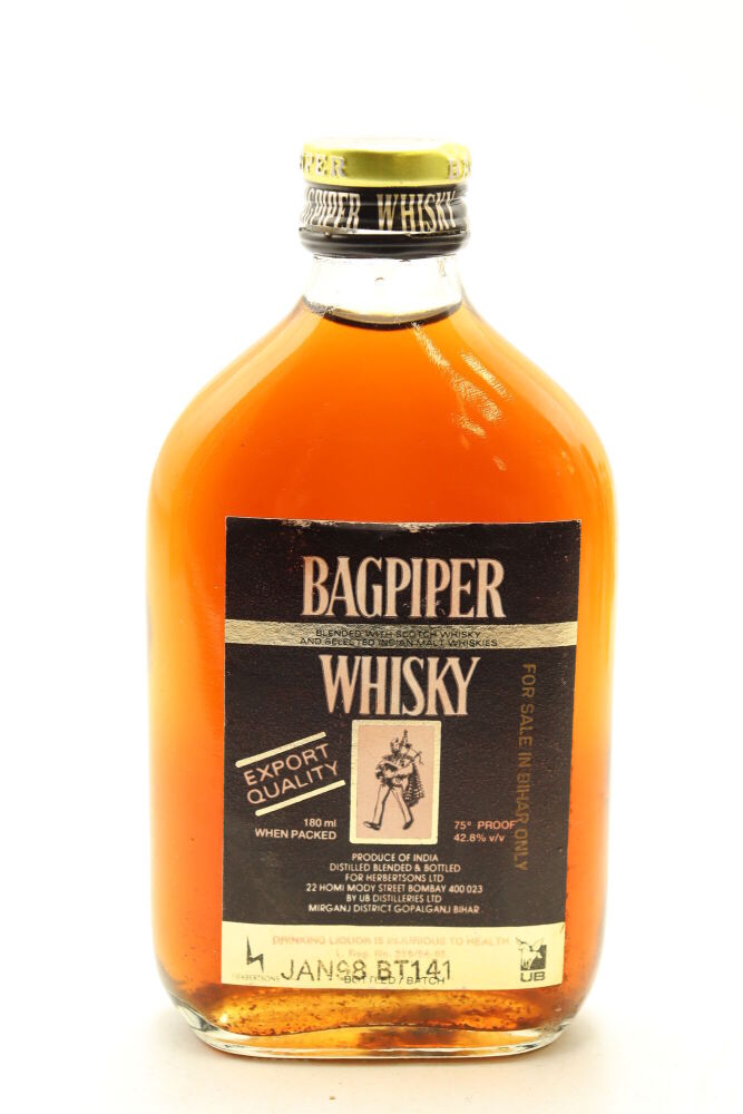 1) Bagpiper Blended Scotch and Selected Indian Malt Whisky, 42.8