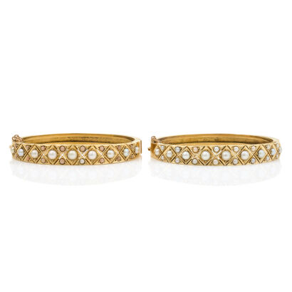 15ct Yellow Gold, Pair of Victorian Pearl Snap Bangles with Original Box