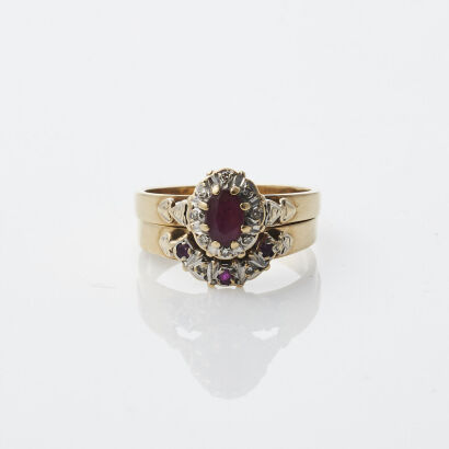 Diamond and Ruby Cluster Ring and Wedding Band.