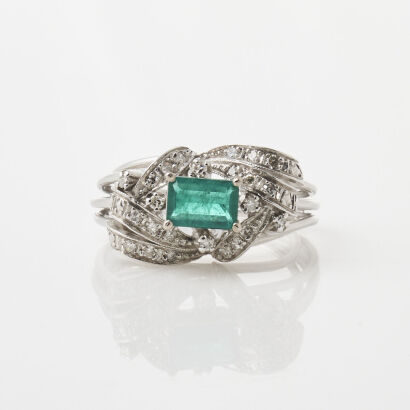 14ct White Gold, Vintage, .60ct Emerald and .27ct Diamond Ring