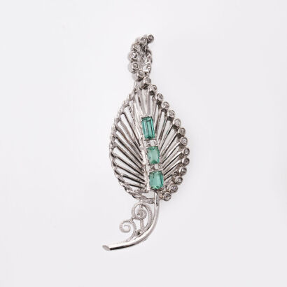 14ct White Gold, Antique, .70ct Emerald and .22ct Diamond Leaf Brooch