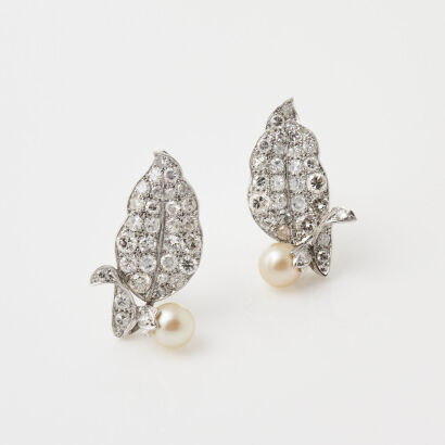 Platinum, Estate, 6mm Pearl and 1.76ct Diamond Earrings