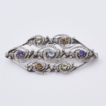 Platinum, Vintage, 1.76ct Diamond and 1.75ct Multi Colour Stone Brooch