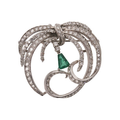 9ct White Gold, Estate 1.50ct Diamond and .91ct Emerald Brooch/Pendant