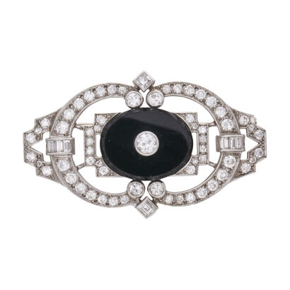 Platinum, Vintage, Art Deco Style, Black Onyx and 4.14ct Diamond Brooch