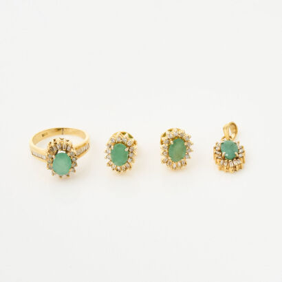 18ct Yellow Gold, Emerald and Diamond Set - Earrings/Ring/Pendant