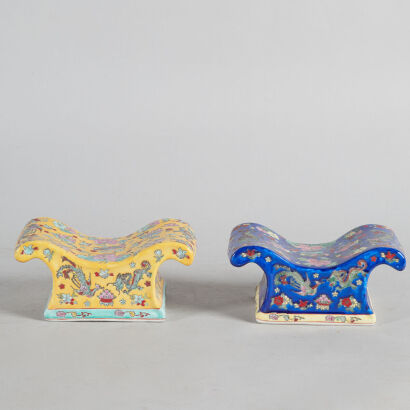 A Pair of Chinese Famille Rose Blue-Ground & Yellow-Ground Porcelain Pillows