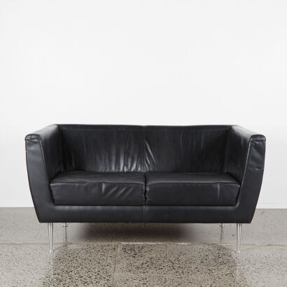 A Minimal Cubis Two Seater Couch In Black Leather