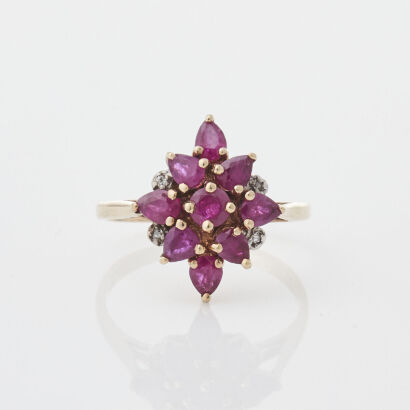 9ct Yellow Gold, Vintage, 1.00ct Ruby and Diamond Cluster Ring