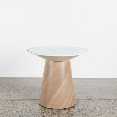 A Conical Wooden Base Side Table With White And Glass Top