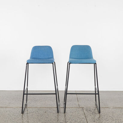 A Pair Of Modern Barstools With Blue Upholstery & Black Metal Base