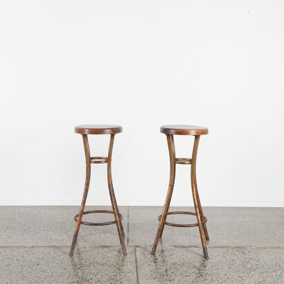 A Pair Of Rustic Barstools With Solid Kauri Seat & Metal Base