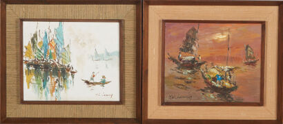 A Pair Of Wan Yin Leung Oil Paintings Of Junk Boats On The Sea