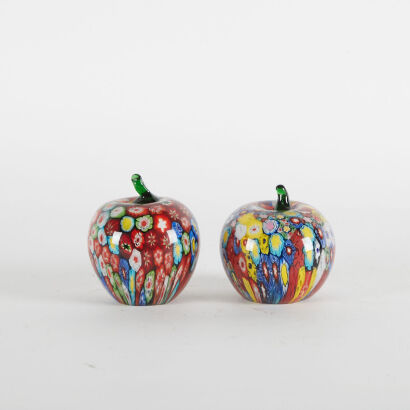 A Pair Of Murano Millefiori Apple Paperweights