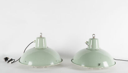 A Pair Of Vibrant Green Japanese Vintage Marine Cargo Lights