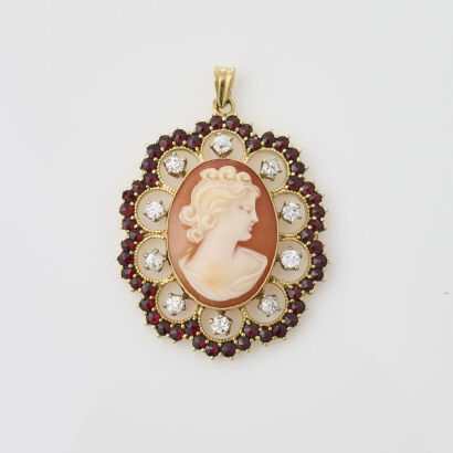 18ct Yellow Gold, Estate, Cameo, Garnet and Diamond Pendant