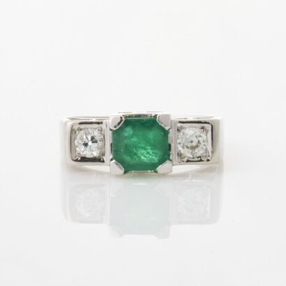 18ct White Gold, Vintage, .85ct Emerald and .28ct Diamond Ring