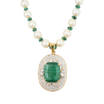 18ct Yellow Gold, 14.81ct Emerald, Diamond, Pearl Necklet/Enhancer