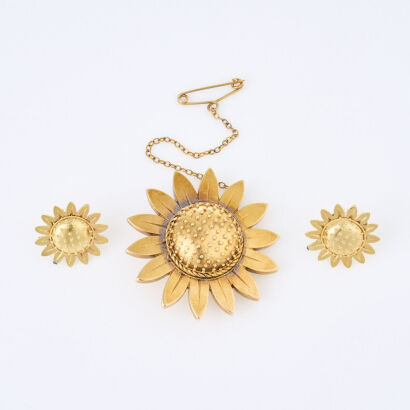 14ct Yellow Gold, Vintage Sunflower Brooch and Earring Set