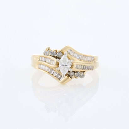 14ct Yellow Gold, .86ct Marquise and Round Brilliant Cut Diamond Ring