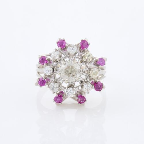 14ct White Gold, .30ct Ruby and 1.00ct Diamond Cluster Ring