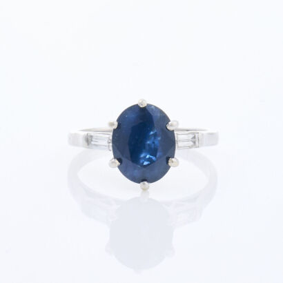 18ct White Gold, 1.50ct Sapphire and .20ct Diamond Ring