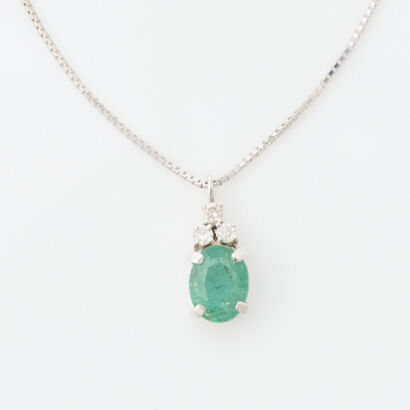 10ct White Gold, 1.00ct Oval Emerald and Diamond Pendant on Platinum Chain