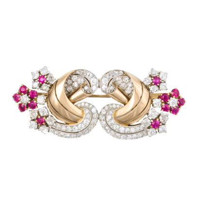 18ct Yellow Gold/Platinum, Retro, 6.00ct Diamond and 2.70ct Synthetic Ruby Brooch