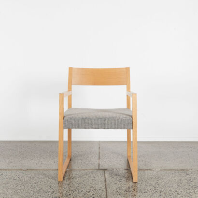 An Italian Linear Armchair In Solid European Oak And Textured Upholstery