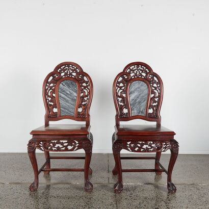 A Pair Of Antique Chinese Rosewood Chair With Marble Inlay Base And Back Rest