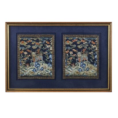 十九世纪中国清乾隆年间麒麟一品武官補子一对 / A Pair of 19th Century Chinese Qing Dynasty Qianlong Period Qilin Embroidered Silk Rank Badges