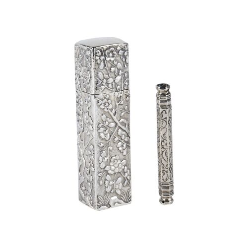十九至二十世纪早期中国纯银鸦片盒和纯银牙签盒 / A 19th to Early 20th Century Chinese Silver Rectangle Opium Holder and A Silver Toothpick Holder