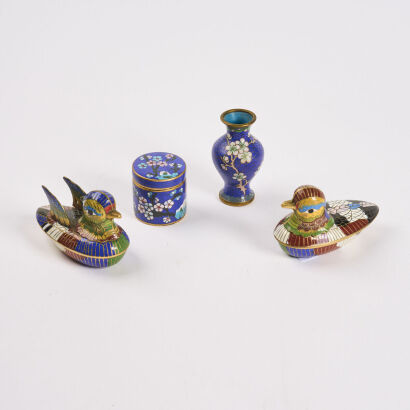 A Pair Of Cloisonne Birds Together With A Miniature Vase And Trinket Box (4 Pieces)